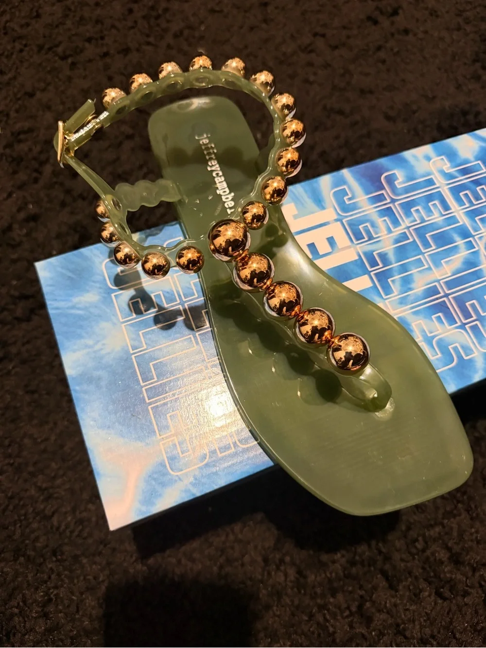 Jeffrey Campbell Olive Green Jelly Sandal with Gold Beaded Trim